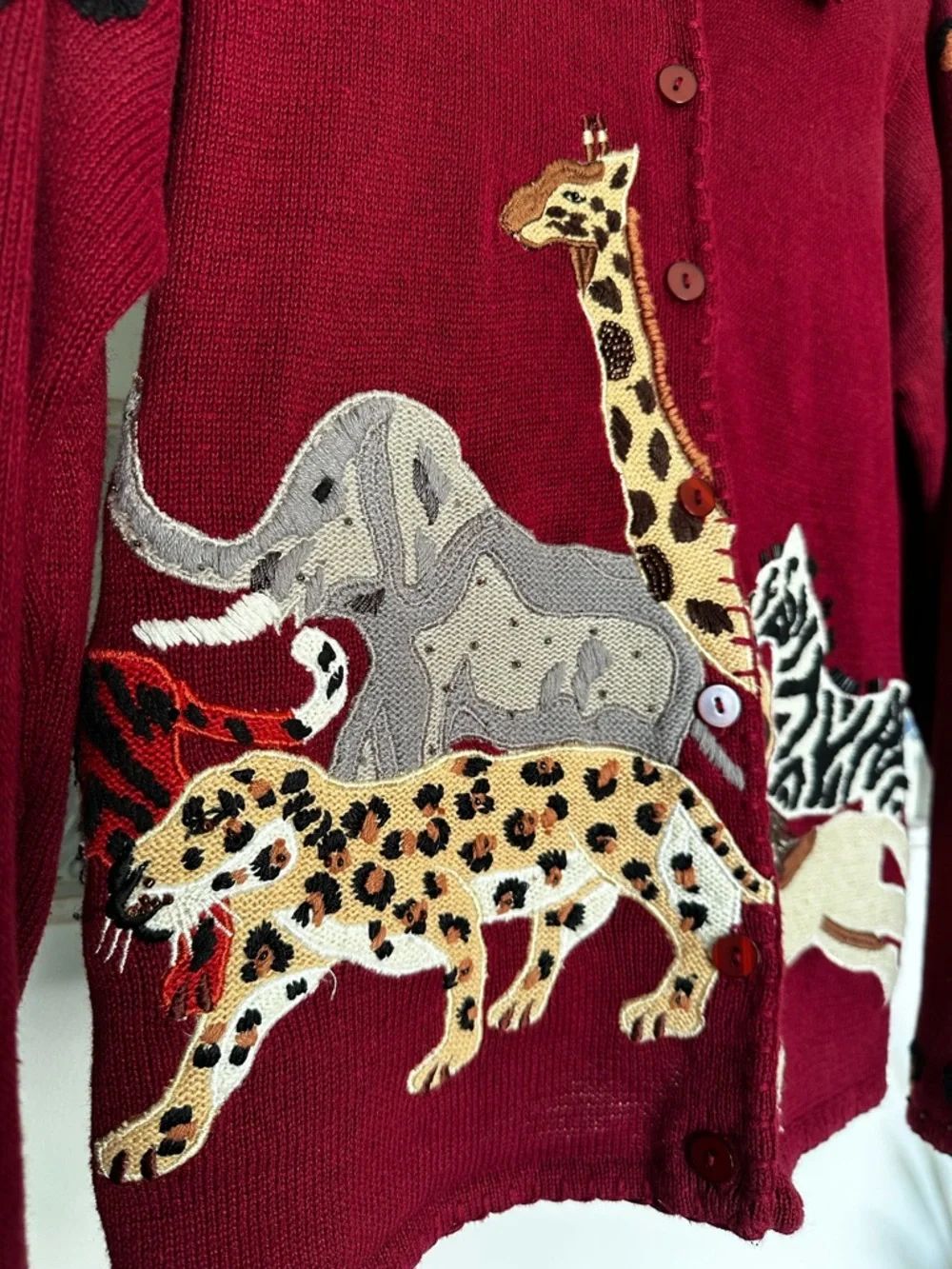 VTG Women's Burgundy Animal-Print Button Cardigan embroidered studded